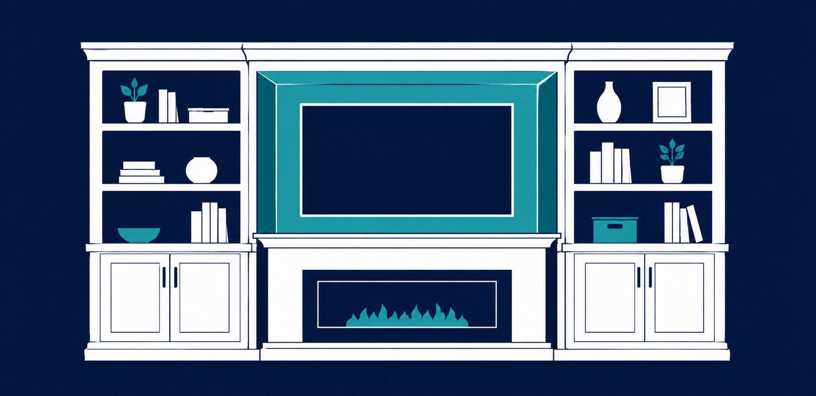 Custom built-in entertainment center with integrated cabinetry and shelving in a living room