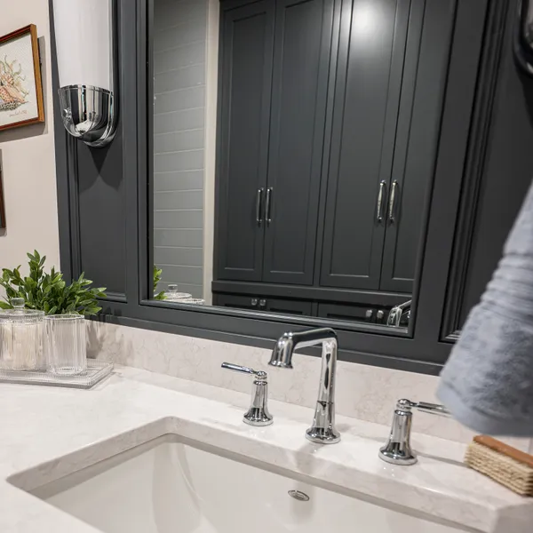 Custom coastal gray bathroom cabinetry, Dublin, OH