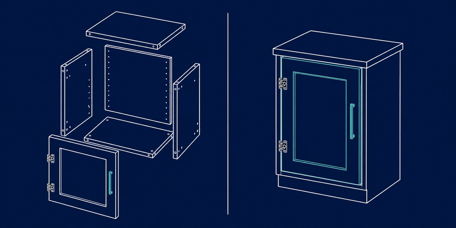 Split view comparing IKEA-style flat-pack cabinet with custom built cabinetry