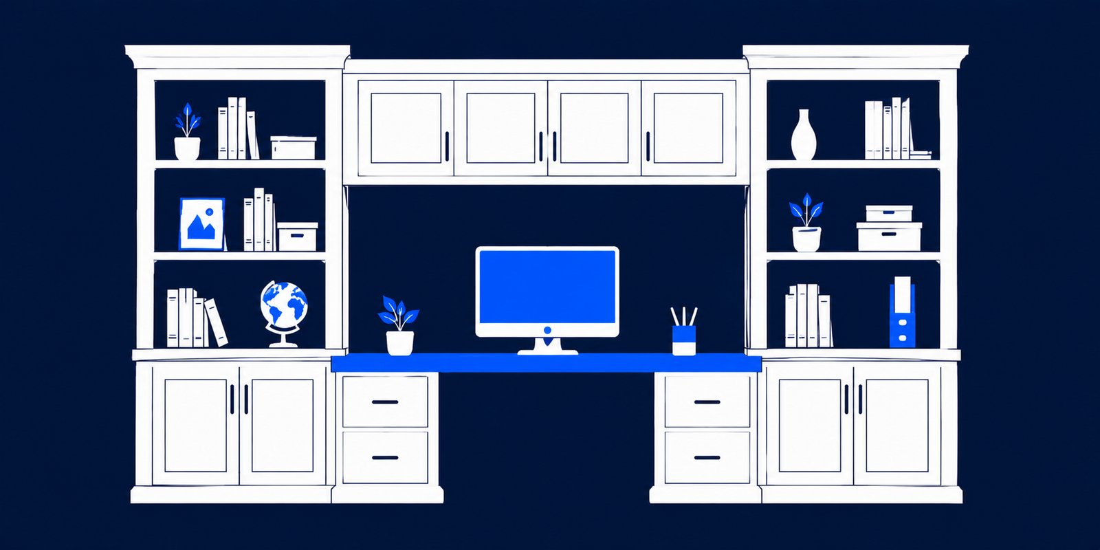 Custom built-in home office cabinetry with desk, shelving, and storage
