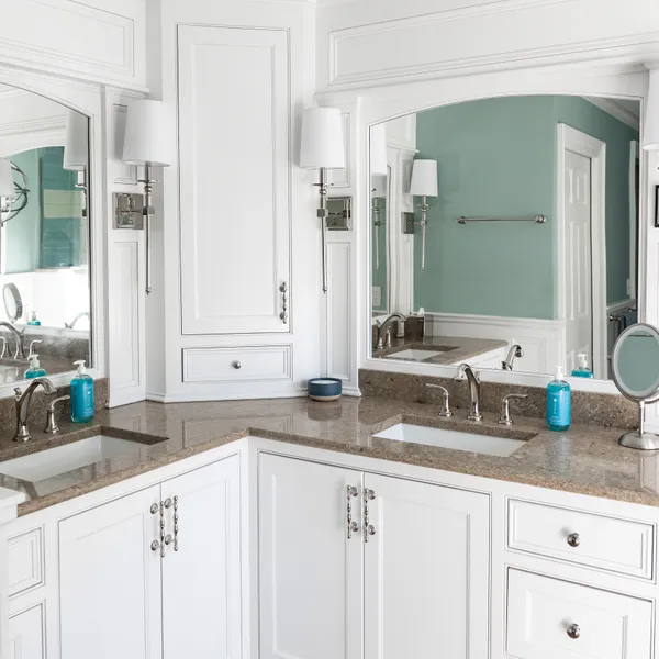Custom aqua bathroom vanity and cabinetry, Columbus, OH area