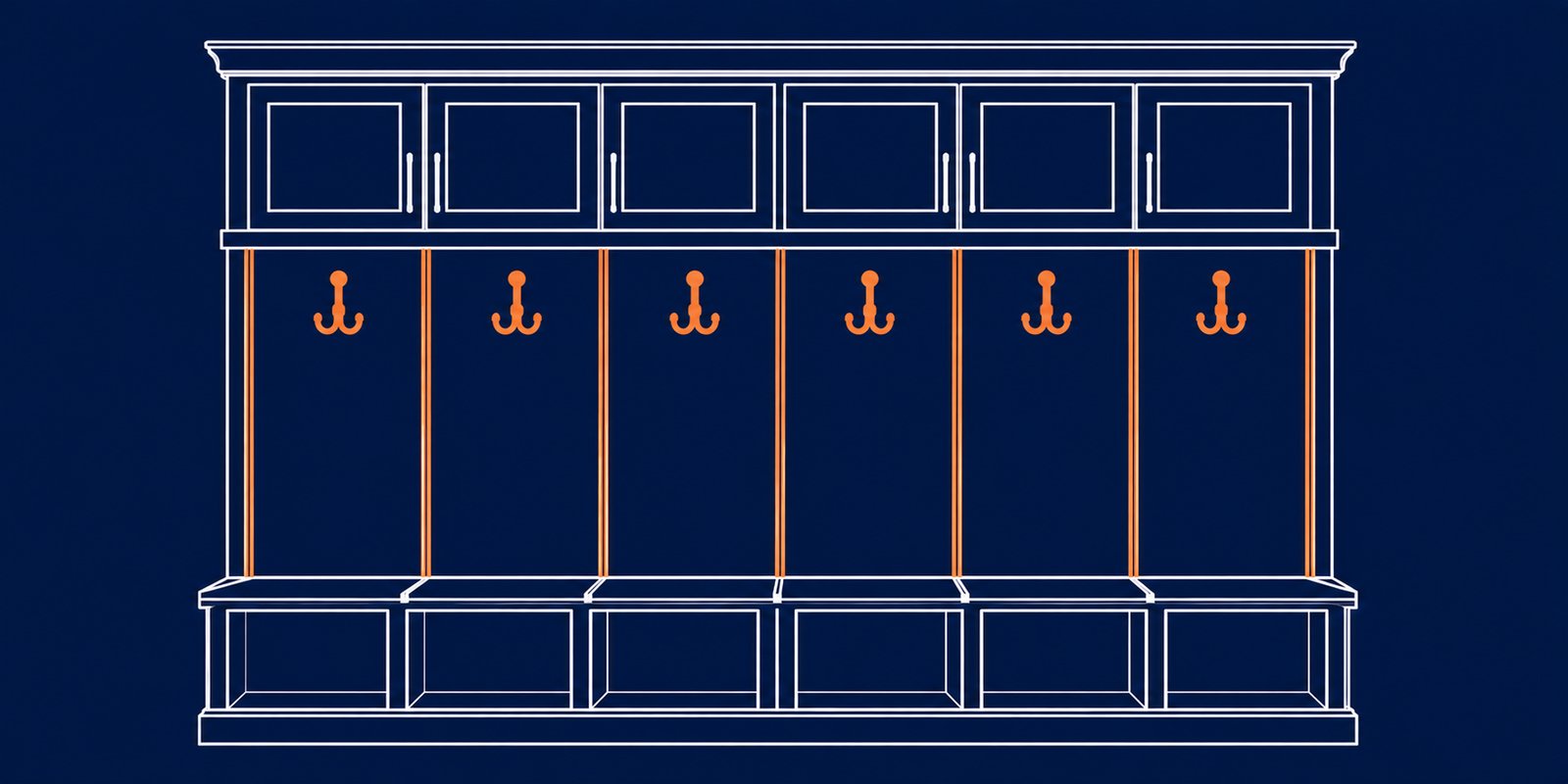 Custom mudroom built-in with bench, cubbies, hooks, and upper cabinet storage
